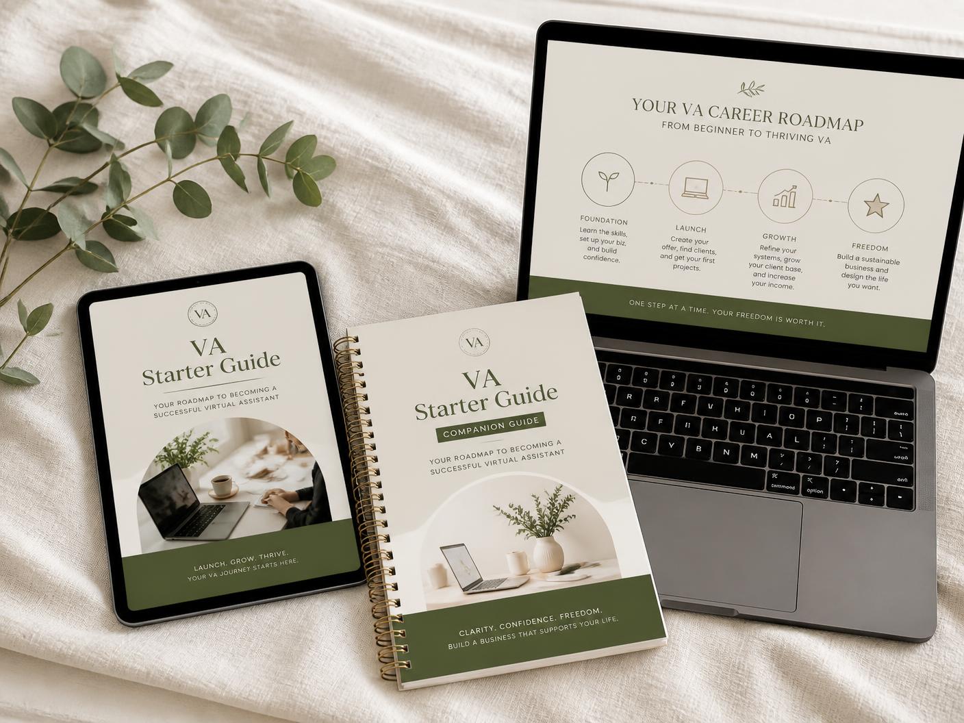 iPad, printed Beginner VA Starter Guide, and laptop showing the VA Career Roadmap